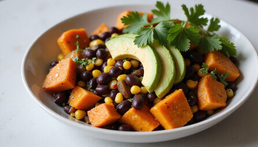 A colorful bowl of plant-based food, including roasted sweet potatoes, black beans, avocado, corn, and cilantro, representing a healthy and delicious meal.